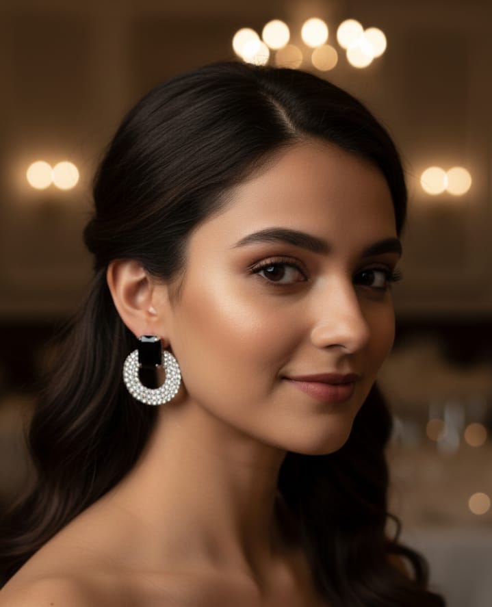 Elegant Black Stone Diamond Circle Earrings